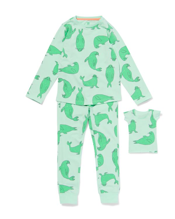 kinderpyjama stretch katoen zeehond en poppennachtshirt lichtgroen lichtgroen - 23060040LIGHTGREEN - HEMA