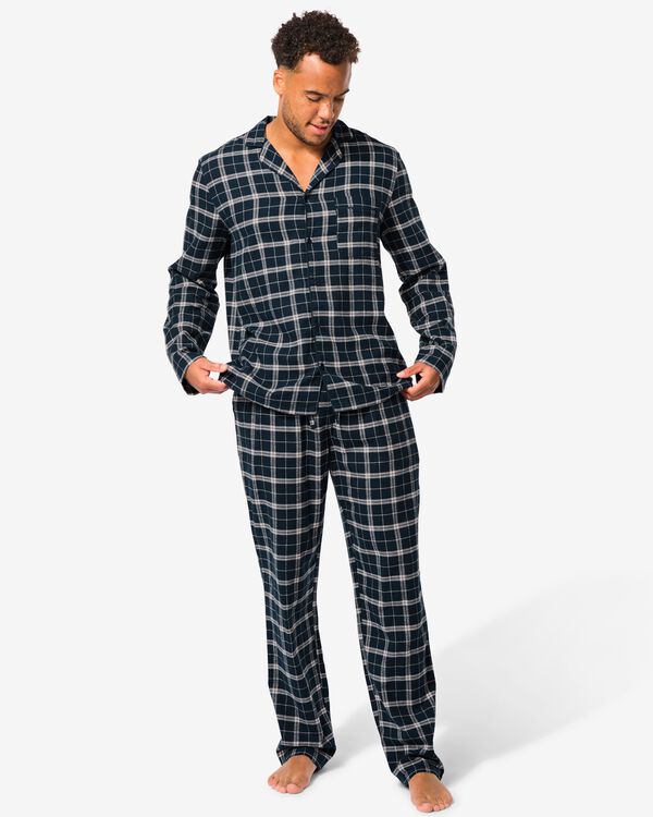 herenpyjama flanel  donkerblauw donkerblauw - 23601540DARKBLUE - HEMA