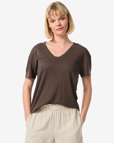 dames t-shirt Evie met linnen bruin M - 36263852 - HEMA