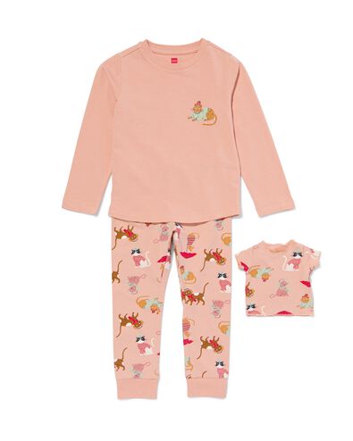 Kinder-Pyjama mit Puppen-Nachthemd, Katzen hellrosa 122/128 - 23050684 - HEMA