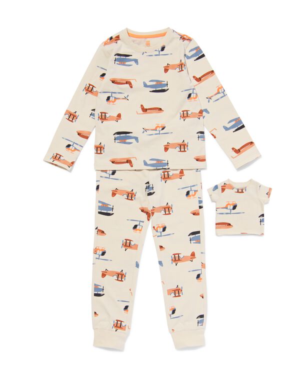 kinderpyjama stretch katoen vliegtuig en poppennachtshirt gebroken wit gebroken wit - 23080640OFFWHITE - HEMA